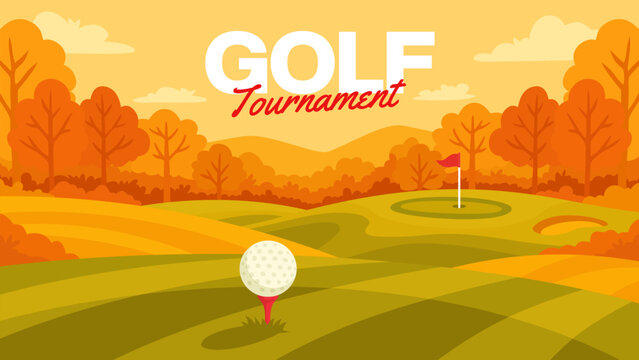 Golf course autumn landscape with ball on tee illustration background. Golf ball on tee fall season course scene flat design for league poster. Golf tournament with fall landscape banner for event