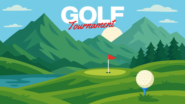 Golf course scene with mountains, lake, and ball on tee flat illustration for event. Golf ball on tee with alpine course background for banner. Golf tournament with mountains, lake and tee ball poster