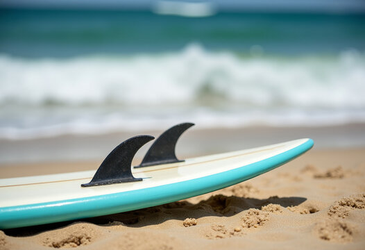 Surfboard lay on sand with ocean waves in background