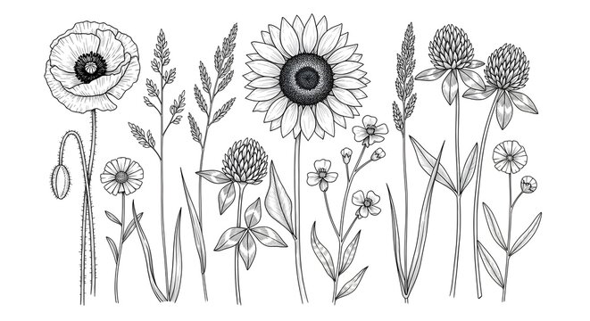 Vintage floral clipart black and white sunflower and wildflower botanical illustrations