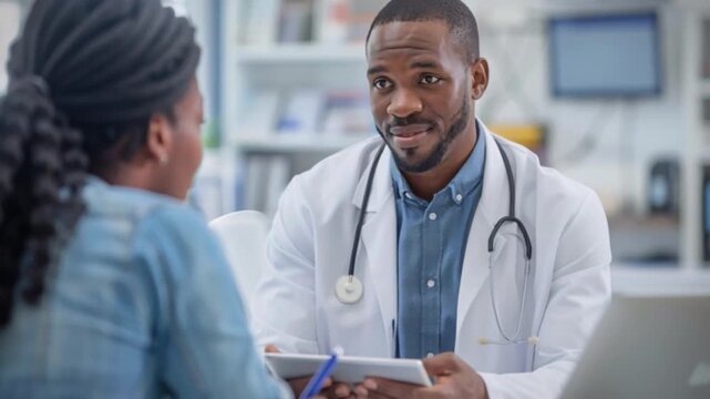 In a bright, modern healthcare clinic, a professional doctor uses a tablet to engage in an informative conversation with a patient about personalized medicine and various treatment options