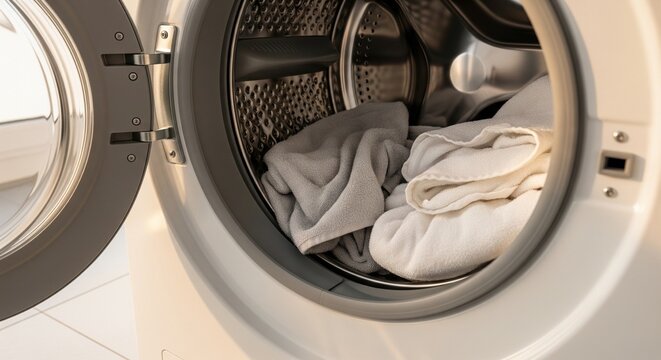Close-up of white laundry inside an open front-load washing machine