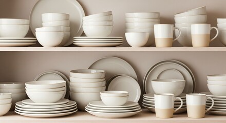 Fototapeta premium Stacks of white ceramic plates bowls and mugs on shelves