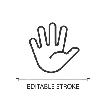 Hand with splayed fingers pixel perfect linear icon. Non verbal communication. Body language. Thin line illustration. Contour symbol. Vector outline drawing. Editable stroke. Arial font used