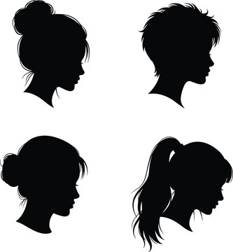 Set of four black silhouettes representing various female hairstyles including bun ponytail and short pixie cut for beauty salon vector.