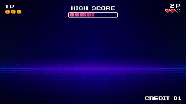 LEVEL UP icon. Pixel art 8 bit. Retro Futurism Sci-Fi Background. glowing neon grid. and stars from vintage arcade computer games
