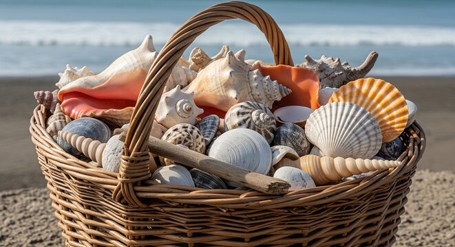 A wicker basket filled with large sea shells and conchs sitting on a sandy beach with ocean waves in the background