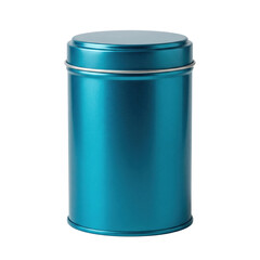 Obraz premium Empty cylindrical turquoise blue metallic metal tin container with lid, product packshot on white background.