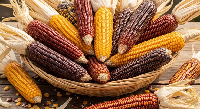 Colorful decorative flint corn cobs lying in a woven basket