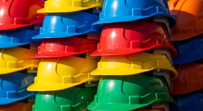 A vibrant, close-up stack of multicolored plastic construction hard hats. The bright red, yellow, and blue helmets are neatly piled, showcasing safety equipment used in industrial and building sectors