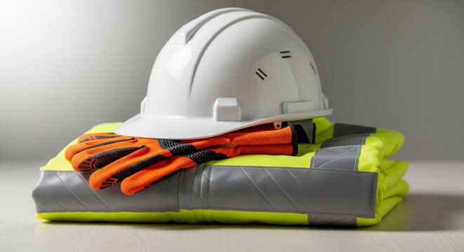 White construction helmet sitting on top of neon safety vest.