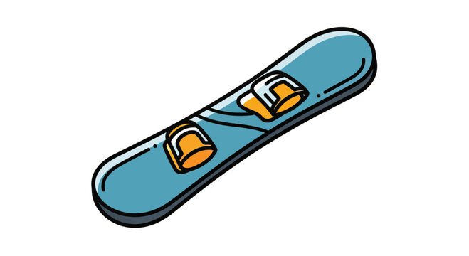 A blue snowboard with orange bindings on a white background