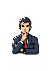 Obraz premium Businessman in suit thinking with hand on chin cartoon illustration