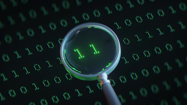 Close-up of a magnifying glass focusing on binary digits, symbolizing data analysis, cybersecurity, digital investigation, and information technology. 3D render seamless loop animation