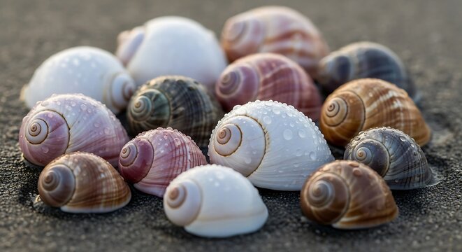 Collection of Colorful Sea Shells on Dark Sand.