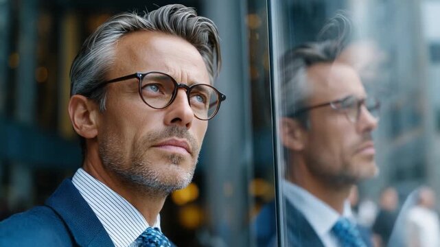 Thoughtful Reflection: A distinguished businessman stands poised, his gaze thoughtful, and his reflection mirroring his resolve against a backdrop of modern architecture.
