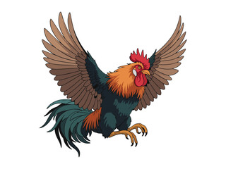 Majestic Crowing Rooster Illustration with Spread Wings on White Background © Gina