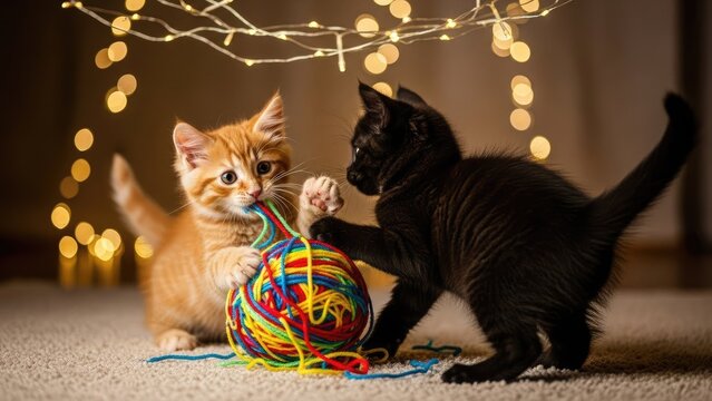 Two playful kittens interact with colorful yarn under string lights