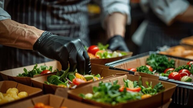 In a bustling kitchen, a chef clad in a striped apron and black gloves skillfully assembles vibrant salads in takeout containers, surrounded by a medley of fresh ingredients