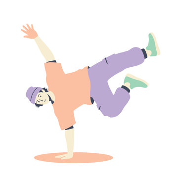 Breakdancer performing a dynamic move on a light orange circle.