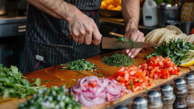 In a bustling kitchen, a skilled chef expertly chops vibrant fresh herbs and vegetables, including leafy greens, tomatoes, and onions, on a sturdy wooden cutting board