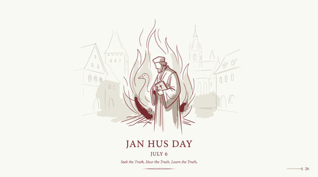 A man in a robe stands amidst flames on Jan Hus Day in Prague.