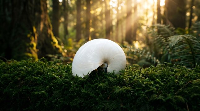 White Nautilus shell on deep green forest moss with golden hour light rays, Fibonacci sequence in nature for luxury wellness, spiritual growth, and organic design branding.