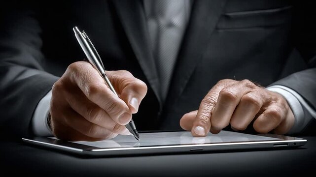 Business Agreement Signing: An executive's hands, impeccably dressed in a tailored suit, carefully sign a contract on a digital tablet, symbolizing agreement.