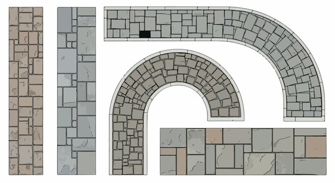 Stone paving vector set with straight and curved walkway sections, grey cobblestone path elements, architectural landscape masonry textures