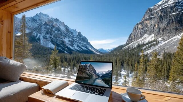 Remote Work Haven: A scenic workspace set against a backdrop of majestic mountains and a serene vista, harmonizing productivity with natural beauty.