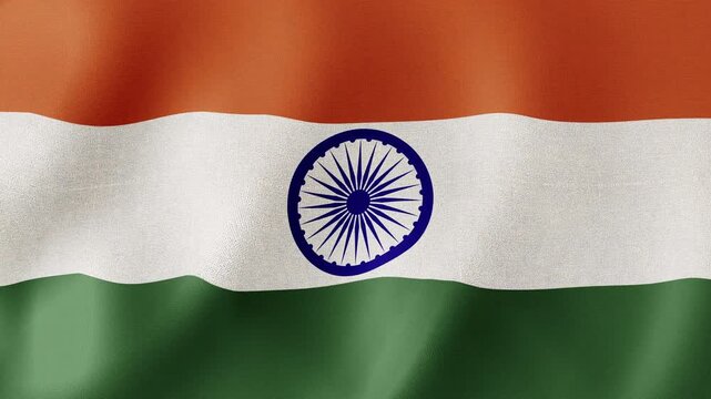 A full screen animation of the Indian flag waving smoothly in the wind, capturing realistic fabric motion and national identity for backgrounds, presentations, and patriotic visuals.