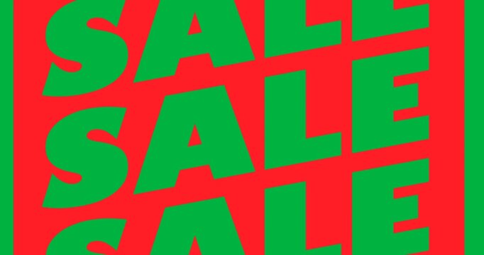 Digital animation of multiple sale text over red banner against black background