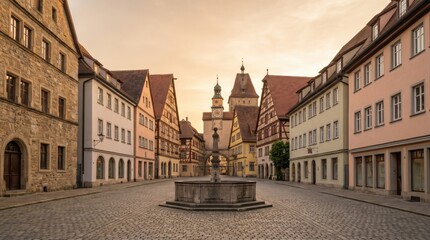 Naklejka premium Traditional european town square with historic architecture at sunset