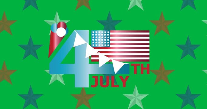 Independence day text banner and american flag icon against multiple stars on black background