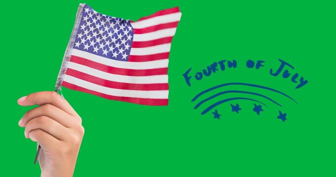 Hand waving flag and happy 4th of july text against black background