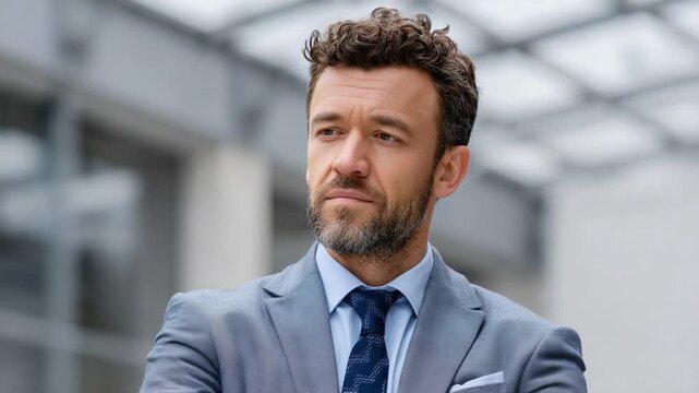 Professional Portrait of a Thoughtful Businessman: A distinguished businessman, captured in a candid portrait, displays an air of contemplation. Reflecting on strategies and decisions.
