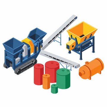 Isometric industrial machinery set for material processing and construction.
