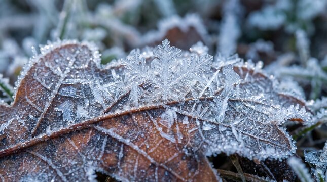 Extreme macro of frost crystals on a fallen oak leaf in blue and silver tones, crisp winter texture for seasonal marketing, holiday background, and nature preservation themes.