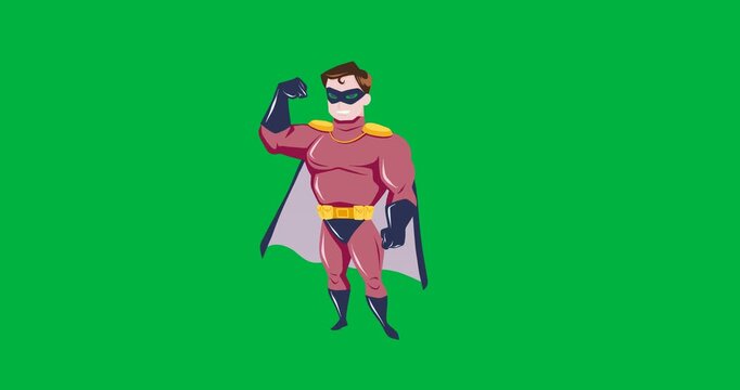 Digital animation of man in superhero costume flexing his biceps against black background