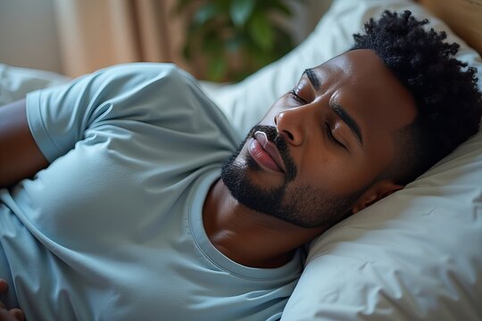 Close-up Photo of African American Man with Restless Legs Syndrome (RLS) Twitching in Bed