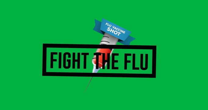 Digital animation of flu vaccine shot text banner with syringe icon against black background
