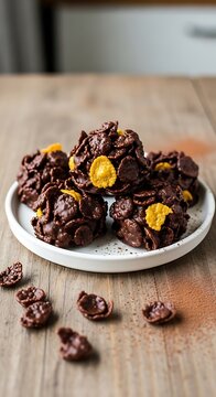 Chocolate Cornflake Clusters with Candied Orange Peel on White Plate.