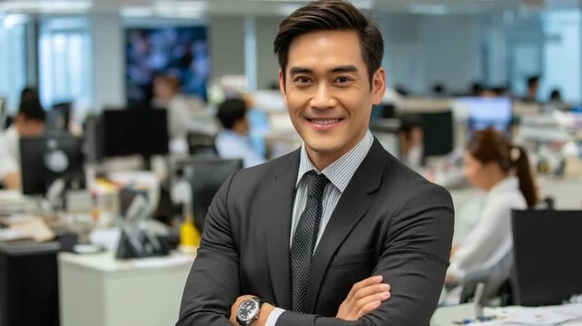 Confident Professional in Modern Workplace: An elegant professional in a tailored suit confidently poses in a vibrant, contemporary office setting. Capturing a blend of poise, charisma.