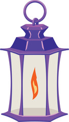 Naklejka premium Vintage magic lantern with burning candle, vector cartoon antique hanging lighting device, medieval kerosene purple lamp