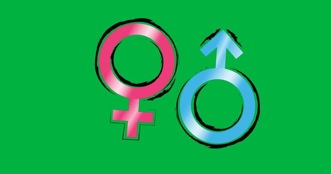 Digital animation of male and female gender symbols against black background