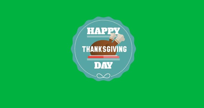Thanksgiving day text and turkey icon on green round banner against black background