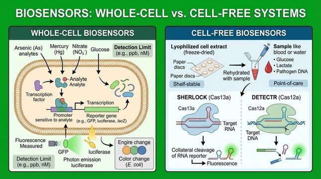 A detailed infographic comparing whole-cell and cell-free biosensor systems for detecting various analytes