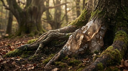 Obraz premium Tree root transforming into smoky quartz crystals in soil, surreal nature concept for sustainable luxury, organic growth, and hidden value in the environment.