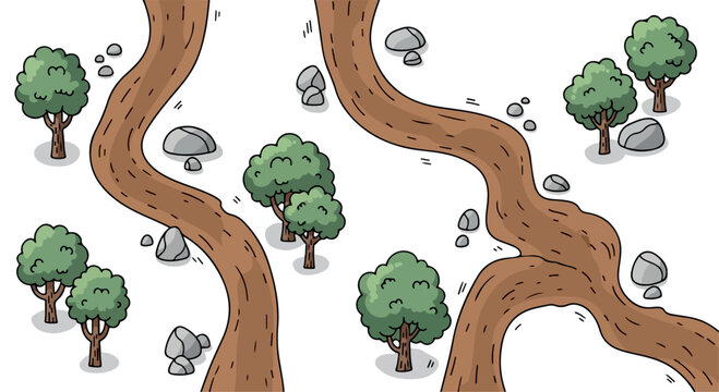 Cartoon winding dirt road map elements, hand drawn forest path with green trees and grey rocks, top view nature landscape vector for game design