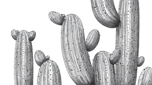 Detailed monochrome illustration of various cacti on a white background